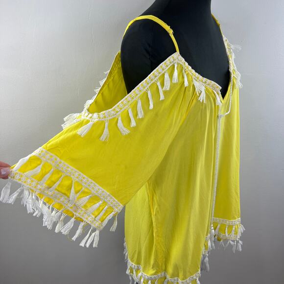 VENUS Yellow White Boho Tassel Strappy Cold Shoulder Swim Beach Cover Up Dress S - Picture 6 of 12